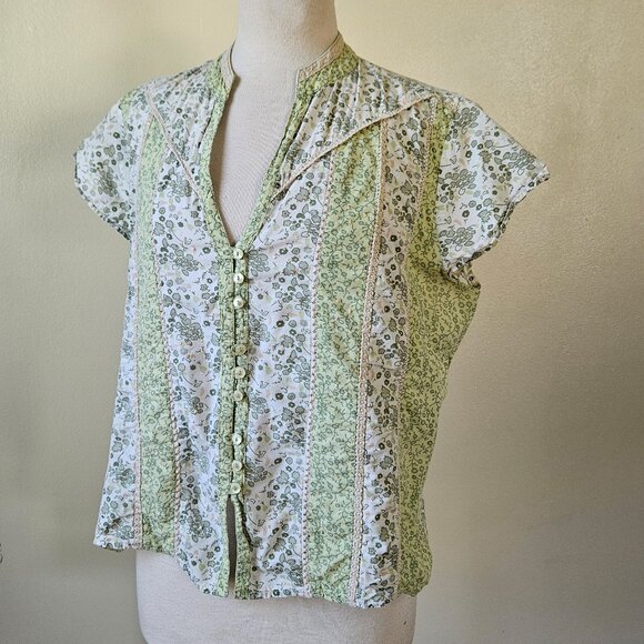 Cato Y2K Green Ditsy Floral Calico Prarie Fairy Cottagecore Button Top Blouse L - Picture 1 of 8